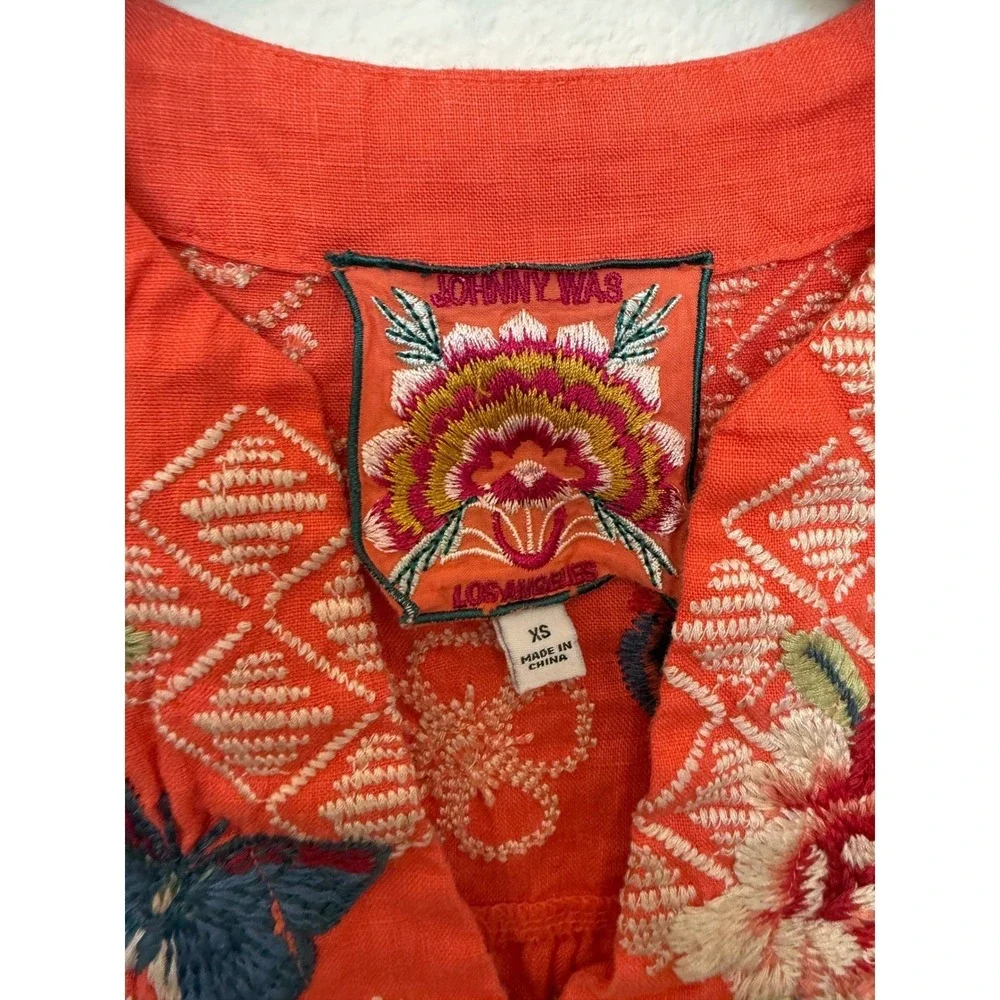 Johnny Was Jailyn Coral Orange Embroidered Linen Blouse V-Neck Top XS J11322-4
